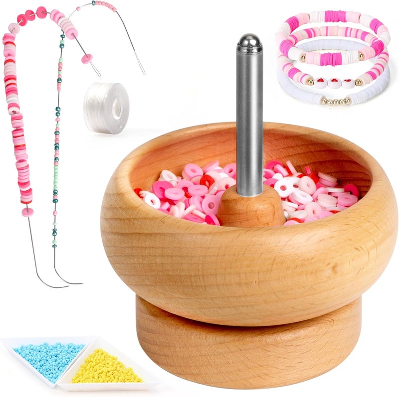 Tilhumt Bead Spinner for Jewelry Making, Effortless Rotating Wooden Clay Bead Spinner with 2 Big Eye Beading Needles and 2000 Seed Beads, Beading Supplies for Making Waist, Bracelets, Necklace - Image 1